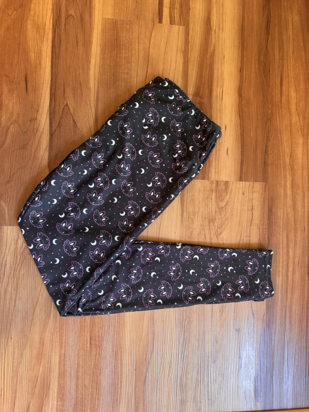 Black Leggings with Purple Moon & Cat Print